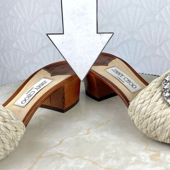 Jimmy Choo Granger Raffia-Wicker Heels Sandals Ivory Crystal Embellished Slides - Picture 13 of 13